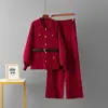 Traje de Moda con Cuello Polo Transfronterizo para Mujer Otoño e Invierno Nuevo Suéter con Cinturón Cárdigan Top Pantalones de Pierna Ancha de Cintura Alta Conjunto de Dos Piezas