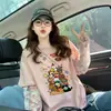 Camiseta de Algodón Puro con Parches de Encaje Súper Caliente de Verano para Mujer Estilo Retro Americano Estampado de Dibujos Animados Holgada Casual Top Falso de Dos Piezas