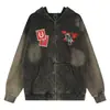 Sudadera con capucha y cremallera para hombre con estampado de sellos vintage lavado, chaqueta retro americana de estrella y caballero de corte holgado