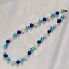 Conjunto de Pulsera y Collar de Cristal Artificial Estrellado Color Azul Pavo Real Mixto de Alta Calidad de 10 mm con Perlas Tahitianas