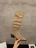 Botas Caqui de Salto Alto Bico Fino com Salto Bloco, Sapatos Femininos, Novo Modelo 2025, Primavera, Outono, Inverno, Botas de Montaria de Cano Longo Slim