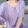 Bata de noche Laiqufeng anti-granos talla extra algodón seda, vestido morado para mujer, vestido largo casual de verano, adelgazante para mujeres de talla grande