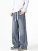 Jeans azules de corte inclinado para hombre, pantalones anchos de pierna recta a la moda, lavado suelto retro americano de otoño para adolescentes