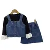 Traje de mezclilla para niñas, primavera y otoño, nuevo estilo coreano, chaleco de mezclilla, falda, camisa de base de manga larga con encaje de moda