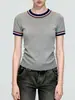 Camiseta Listrada de Manga Curta com Gola Redonda Color-Blocked Minimalista Estilo Francês para Mulheres, Verão Elegante Estilo Executivo Malha Slim Fit