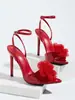 Sapatos de salto alto femininos, bico fino, salto agulha, vibrantes, design floral tridimensional, modernos, versáteis e elegantes sandálias de salto alto