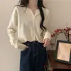 Cardigan Tricot Azul Redondo Suave e Simples para Mulheres, Manga Longa, Abotoado, Jaqueta de Tricô Versátil, Suéter com Atmosfera Estilo Coreano