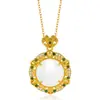 Juego de Joyería Estilo Palacio Caibao Jade Blanco Hotan Anillo Aretes Colgante Collar Diamante Verde Flor Joyería de Jade Blanco