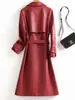 Gabardina de cuero negro transfronteriza para mujer, estilo largo 26, abrigo de moda, chaqueta de cuero estilo británico, chaqueta de motociclista, abrigo con ceñidor en la cintura, talla grande