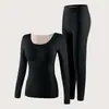 Conjunto de ropa interior térmica para mujer de otoño e invierno con almohadillas en el pecho, top de manga larga con cuello en U y pantalones largos