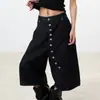 Calça Jeans Crua Cropped Masculina de Verão com Botões Desconstruídos Inclinados Perna Larga Design Vintage