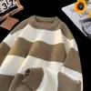Suéter Masculino Gola Redonda Listras Largas Inverno Bloco de Cores Listrado Masculino Adolescente Estilo Preguiçoso Tricô Casual
