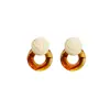 Brincos Argola Minimalistas em Resina Estilo Francês Agulha de Prata, Brincos de Moda Color-Blocking Vintage, Brincos Redondos em Ráfia Trançada