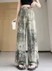 Pantalones de pierna ancha mujer verano cintura alta estampado drapeado holgados adelgazantes casual largos mujer versátiles largo hasta el suelo pantalones de seda helada mujer