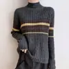Suéter de Punto Canalé Rayado Bloque de Color Cuello Semi Alto Estilo Coreano para Mujer, Estilo Perezoso, Versátil, Engrosado, Suéter Base Cálido, Moderno