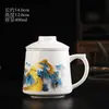 Juego de tres tazas de porcelana blanca, taza de oficina para beber té, separación de té y agua con tapa, juego de regalo para preparar té