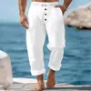 Nuevos Pantalones de Algodón y Lino Otoño Talla Europea Botón Cordón Cintura Elástica Elástica Pierna Recta Color Sólido Transpirables Diarios Casuales