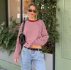 2025 Amazon Más Vendido Moda Rayas Suelto Bloques de Color Cuello Redondo Manga Larga Camiseta Crop Top para Mujer Al por Mayor