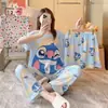 Conjunto de Tres Piezas para Niñas de Verano: Top de Manga Corta, Shorts y Pantalones Largos, Imitación Algodón Seda de Leche, Conjunto de Ropa de Casa de Dibujos Animados, Empaquetado para Venta Transfronteriza