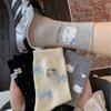 Calcetines de Algodón Sueltos Versátiles de Media Caña con Estampado de Puntos, Bordado Flocado de Elementos de Gato Kt de Dibujos Animados Lindos, Sin Costuras, Etiqueta de Tela con Lazo