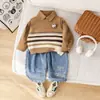 Ropa Infantil Primavera y Otoño Nuevo Estilo Chaleco de Punto de Manga Larga para Niños Conjunto de Tres Piezas Jeans Casuales para Bebé Traje Infantil