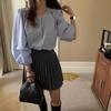 Primavera e Outono Chic Love Button Round Neck Vertical Pattern Camisa de manga comprida