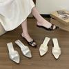 Nuevos Zapatos de Tacón Alto con Punta 2025 Verano Pantuflas Francesas para Mujer con Tacones de Aguja y Puntera Abierta para que las Mujeres los Usen Afuera