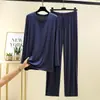 Pantalones Largos de Modal Traje para Casa para Hombre Otoño Delgado Camiseta de Cuello Redondo Pantalones Rectos Sueltos Conjunto de Dos Piezas