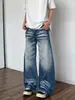 Calça Jeans Curva Lavada com Bigodes Estilo Retro Americano para Homens, Estilo High Street, Calça Flare Solta de Perna Larga Cleanfit para o Verão