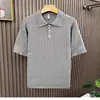 Camisa Polo de Punto para Hombre de Manga Corta Holgada Estilo Veraniego Ligero Maduro Patrón de Cáñamo Solapa Tendencia Coreana Manga Tres Cuartos Camiseta Corta
