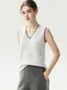 Suéter de punto de cachemira estilo francés con cuello en V, conjunto de dos piezas para mujer, blanco con ribete de contraste, un top chic y versátil