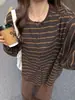 Cárdigan Top de Rayas Azul Marino Holgado Estilo Coreano para Mujer, Otoño/Invierno, Holgado, Adelgazante, Versátil, Relajado, Manga Larga