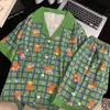 Pijama navideño de oso a cuadros verdes de moda para mujer, conjunto de dos piezas para el hogar con cárdigan de manga corta y cuello vuelto