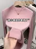 Camisa Básica Mousse Cashmere com Gola Alta Pequena para Mulheres, Camada Interna Quente para Outono e Inverno, Corte Justo, Cor Sólida, Escovada, Blusa Versátil de Manga Longa