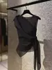 Regata de chifon sem mangas estilo vintage para mulheres, design fino de verão com característica de afunilamento na cintura, top único com amarração