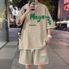 Traje Casual de Waffle para Hombre Verano Pantalones Cortos de Seda de Hielo Camiseta de Manga Corta con Estampado Juvenil Atractivo Falso Dos Piezas