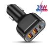 Cargador de coche PD de tres puertos, popular en Amazon, 30 W PD + cargador USB dual de 2,4 A.