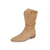 Botas de Gamuza con Tacón Oculto de 7CM, Punta Puntiaguda, Caídas, para Mujer, Otoño Invierno, Nuevas, de Media Pantorrilla, Tacón Grueso, Remaches, Plisadas, Estilo Western