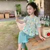 Roupa Infantil Verão Conjunto para Meninas 2025 Novo Estilo Coreano Crianças de Tamanho Pequeno e Médio Estilo Pastoral Mangas Curtas Tops Calças Nove Pontos Conjunto de Duas Peças