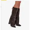 Botas transfronterizas europeas y americanas para mujer, punta fina, caña ancha, hebilla metálica recta, botas de longitud media, talla grande, tacón grueso, botas estilo pantalón para mujer