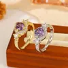 Anel de Amethysto Banhado a Ouro Estilo Europeu e Americano para Mulheres, Joia de Anel Aberto Ajustável com Zircônia Envolvente de Luxo Leve