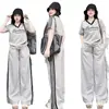 Moda de Verano para Mujer Nuevo Bordado de Letras Cuello en V Manga Corta Pantalones de Rayas Pierna Ancha Conjunto Casual de Dos Piezas Ins
