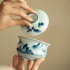 Xícara de Chá com Paisagem Pintada à Mão em Azul e Branco de Jingdezhen, Tigela de Chá de Grande Capacidade, Conjunto de Chá de Cerâmica Azul e Branco, Chá Kung Fu