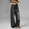Jeans Largo Feminino Laranja Juvenil com Efeito Bigode, Lavado, Desgastado, Caimento Solto, Emagrecimento, Fashion, Versátil e Tendência