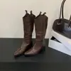 Botas Western Retro de Tacón Alto y Punta Aguda para Mujer, Para Estatura Baja, Tacón Grueso, Altas hasta la Rodilla, Negras