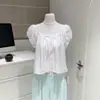 Blusa corta de nube con manga abullonada, holgada, hombros descubiertos, cuello de amarre, bordada, manga corta, estilo tejido corto de mohair blanco