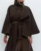 Moda Cruzada Amazon Nova Outono e Inverno Feminina Europeia e Americana Cor Sólida Capa Gola Alta Botão Cinto Casaco Trench Coat Jaqueta