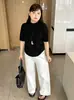 Top versátil de cuello semi-alto para mujer talla grande, estilo otoño 2026, camiseta de punto holgada de manga corta fruncida para mujer talla grande