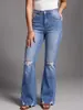 NY1025 Jeans Acampanados de Cintura Alta Azules Rasgados con Borde Crudo para Mujer, Elásticos, Lavados, Desgastados, Adelgazantes, de Largo Completo