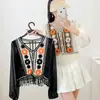 Ropa de punto calada de dos piezas falsas estilo bohemio para mujer, camisa de gasa de manga larga, camisa de verano protectora contra el sol, cárdigan de cuello en V, abrigo corto